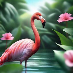 A high-quality digital art image depicting a vibrant flamingo in its natural habitat