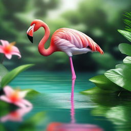 A high-quality digital art image depicting a vibrant flamingo in its natural habitat