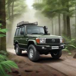 A high-quality digital art image of a forest green Toyota Land Cruiser Series 70 Troop Carrier