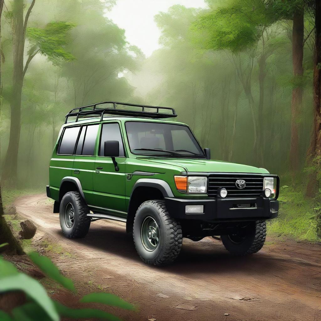 A high-quality digital art image of a forest green Toyota Land Cruiser Series 70 Troop Carrier