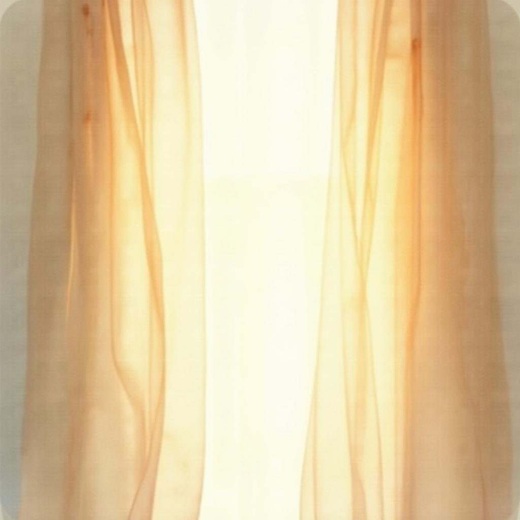 A faint abstract watercolor representation of soft tan curtains gently billowing in a breeze, illuminated by warm sunlight pouring in from the outside