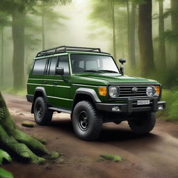 A high-quality digital art image of a forest green Toyota Land Cruiser Series 70 Troop Carrier