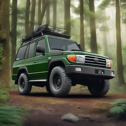 A high-quality digital art image of a forest green Toyota Land Cruiser Series 70 Troop Carrier