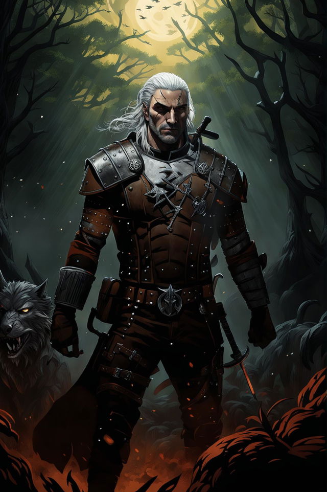 A high-quality digital art image depicting Geralt of Rivia from The Witcher, standing in a misty forest with his two swords strapped on his back