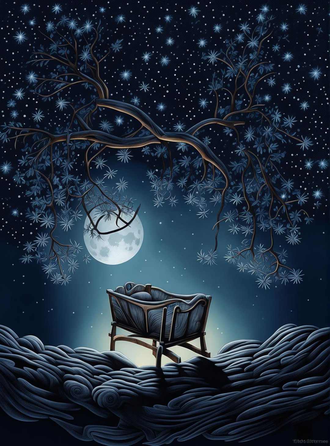 This is a high-quality digital art piece depicting a serene night scene with a large tree and a wooden cradle nestled within its branches