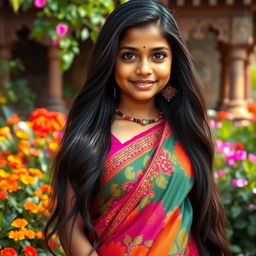 A beautiful Indian girl with long, flowing black hair, wearing a colorful traditional saree adorned with intricate embroidery