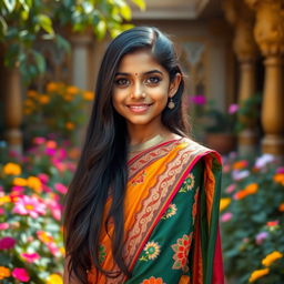 A beautiful Indian girl with long, flowing black hair, wearing a colorful traditional saree adorned with intricate embroidery