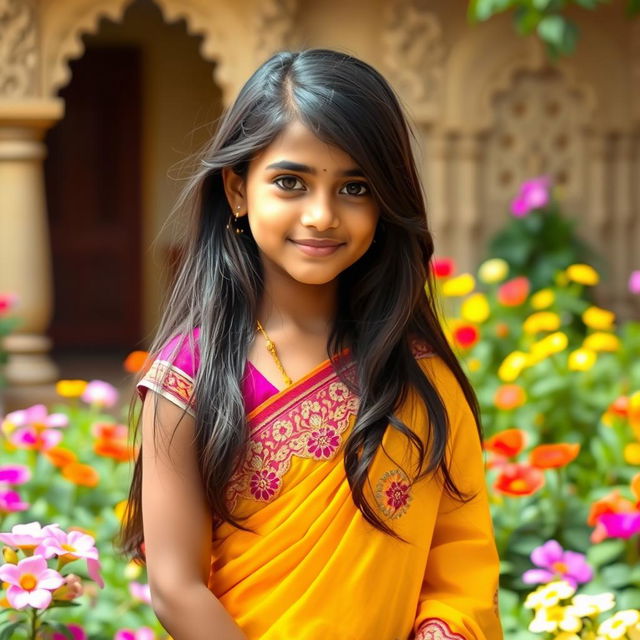 A beautiful Indian girl with long, flowing black hair, wearing a colorful traditional saree adorned with intricate embroidery