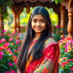 A beautiful Indian girl with long, flowing black hair, wearing a colorful traditional saree adorned with intricate embroidery