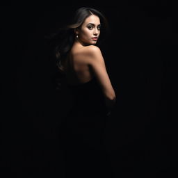 A stunning woman with a confident pose, showcasing her beauty and allure, standing confidently and elegantly in a minimalist black background