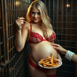 A captivating image of a beautiful, young blonde woman with a thin face and alluring curves, featuring a distended soft wide belly and huge soft breasts