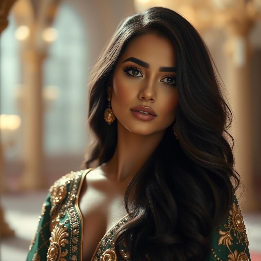 A stunning portrait of an Arab woman embodying elegance, with flowing black hair cascading down her shoulders, wearing an intricate, embellished gown in rich gold and deep emerald colors