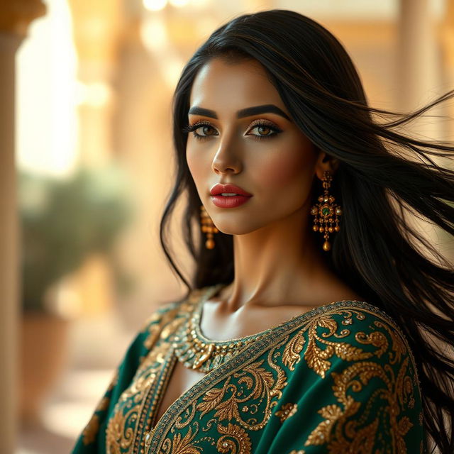 A stunning portrait of an Arab woman embodying elegance, with flowing black hair cascading down her shoulders, wearing an intricate, embellished gown in rich gold and deep emerald colors