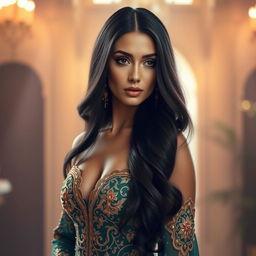 A stunning portrait of an Arab woman embodying elegance, with flowing black hair cascading down her shoulders, wearing an intricate, embellished gown in rich gold and deep emerald colors