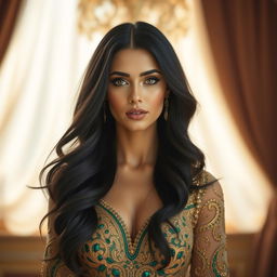 A stunning portrait of an Arab woman embodying elegance, with flowing black hair cascading down her shoulders, wearing an intricate, embellished gown in rich gold and deep emerald colors