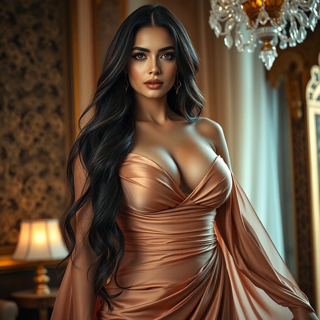 A stunning Arab woman exuding elegance and grace, with long flowing dark hair and captivating eyes