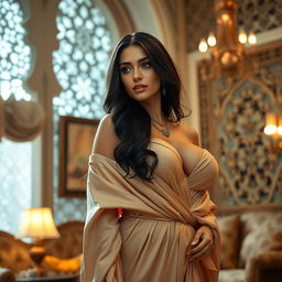 A stunning Arab woman exuding elegance and grace, with long flowing dark hair and captivating eyes