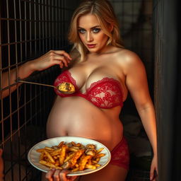 A captivating image of a beautiful, young blonde woman with a thin face and alluring curves, showcasing a massive distended soft wide belly and huge soft breasts