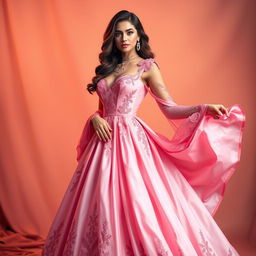 A luxurious, elegant Arab woman personifying grace and beauty, wearing an extravagant big pink dress that flows elegantly around her