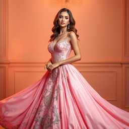 A luxurious, elegant Arab woman personifying grace and beauty, wearing an extravagant big pink dress that flows elegantly around her