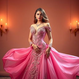 A luxurious, elegant Arab woman personifying grace and beauty, wearing an extravagant big pink dress that flows elegantly around her