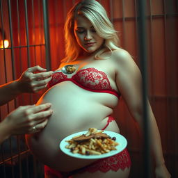A captivating image of a beautiful, young blonde woman with a thin face and enticing curves, featuring a massive, flabby, distended soft wide belly and huge soft breasts