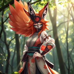 A stunning female kitsune character, with vibrant fox-like features including majestic tails, standing confidently in a dynamic pose