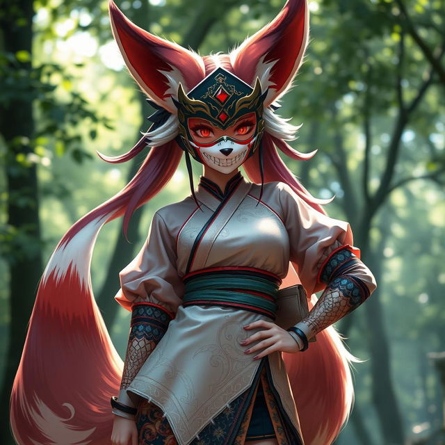 A stunning female kitsune character, with vibrant fox-like features including majestic tails, standing confidently in a dynamic pose