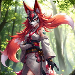A stunning female kitsune character, with vibrant fox-like features including majestic tails, standing confidently in a dynamic pose