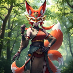 A stunning female kitsune character, with vibrant fox-like features including majestic tails, standing confidently in a dynamic pose