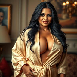 A stunning Indian mature woman with a curvy, fuller figure, elegantly draped in a luxurious robe