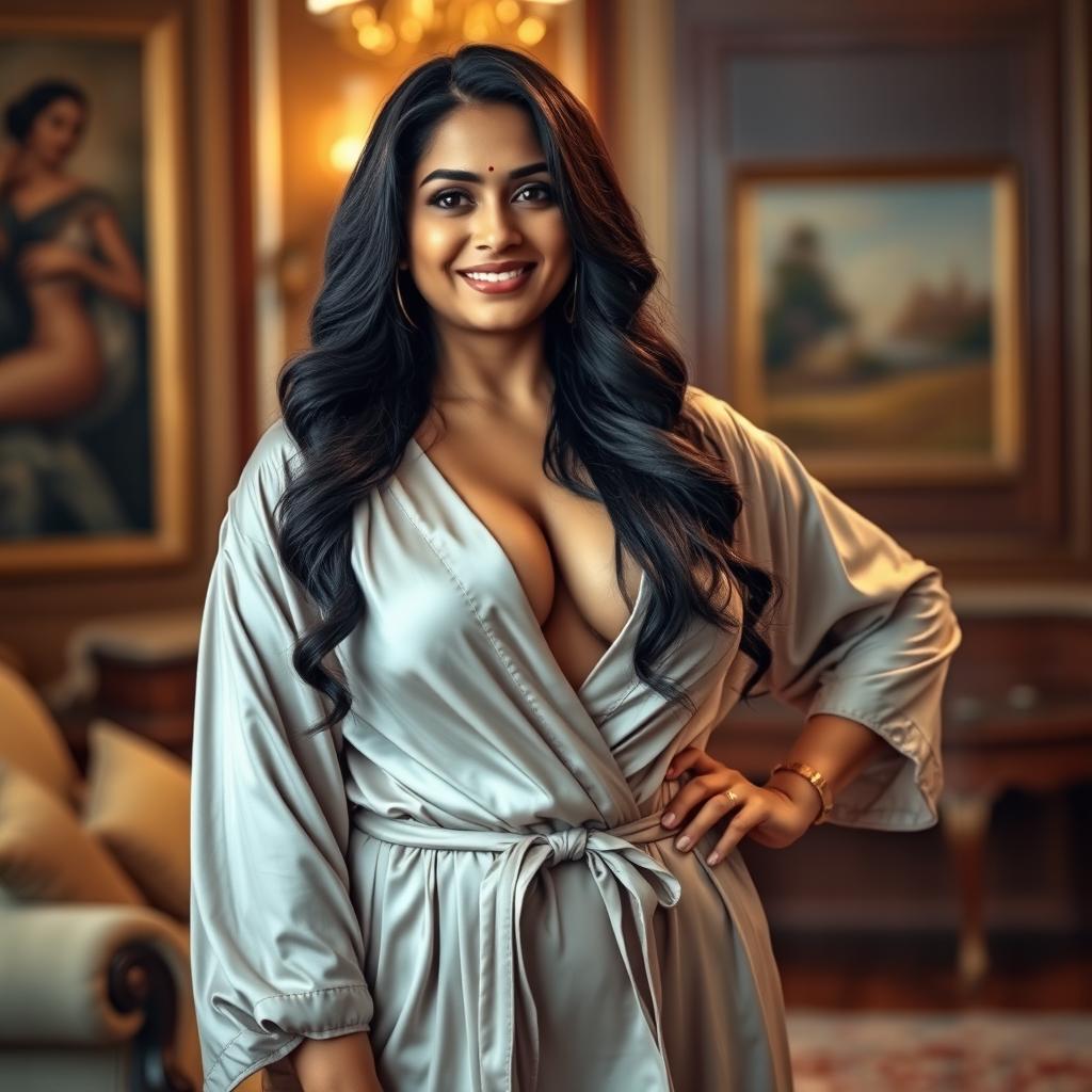 A stunning Indian mature woman with a curvy, fuller figure, elegantly draped in a luxurious robe