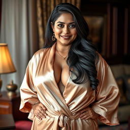 A stunning Indian mature woman with a curvy, fuller figure, elegantly draped in a luxurious robe