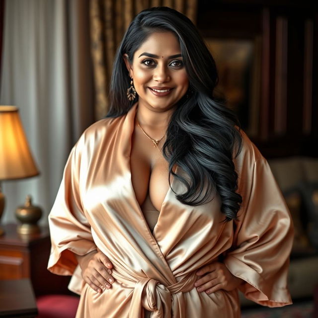 A stunning Indian mature woman with a curvy, fuller figure, elegantly draped in a luxurious robe