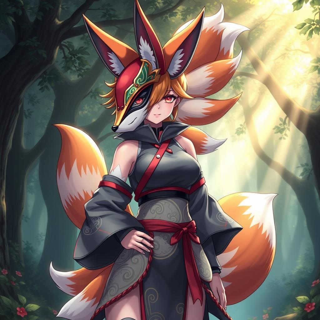 A stunning female kitsune character with beautifully vibrant fox-like features, including multiple elegant tails, standing confidently in a dynamic pose