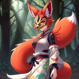 A stunning female kitsune character with beautifully vibrant fox-like features, including multiple elegant tails, standing confidently in a dynamic pose
