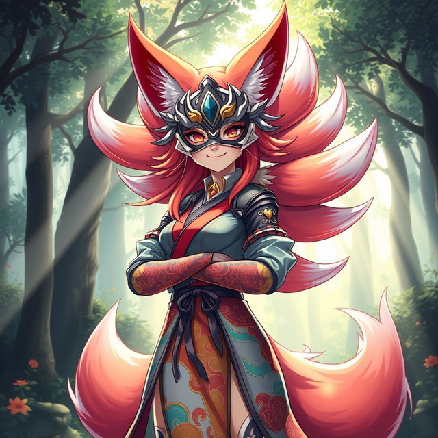 A stunning female kitsune character with beautifully vibrant fox-like features, including multiple elegant tails, standing confidently in a dynamic pose