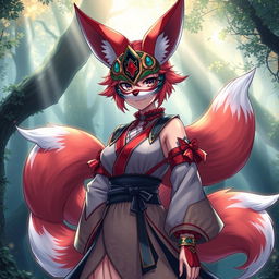 A stunning female kitsune character with beautifully vibrant fox-like features, including multiple elegant tails, standing confidently in a dynamic pose