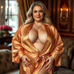 A busty, curvy Russian mature woman with a fuller figure, elegantly draped in a luxurious robe that highlights her deep cleavage and showcases her narrow tummy