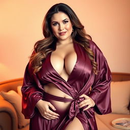 A curvy Russian woman with a fuller figure, gracefully posed in a luxurious robe that elegantly drapes around her body