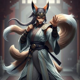 A stunning female kitsune monk, featuring exquisite fox-like traits and multiple flowing tails, standing in a dynamic martial arts pose reminiscent of Mortal Kombat