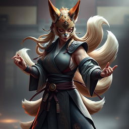 A stunning female kitsune monk, featuring exquisite fox-like traits and multiple flowing tails, standing in a dynamic martial arts pose reminiscent of Mortal Kombat