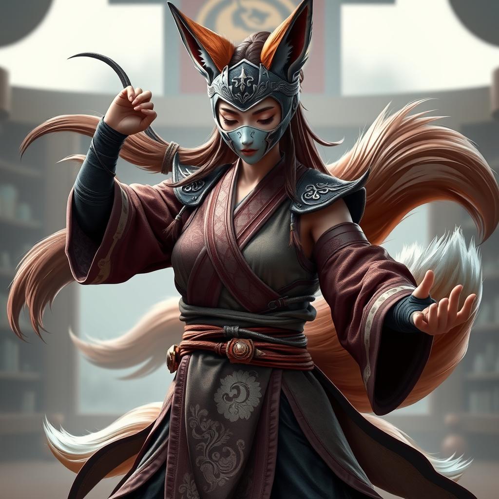 A stunning female kitsune monk, featuring exquisite fox-like traits and multiple flowing tails, standing in a dynamic martial arts pose reminiscent of Mortal Kombat