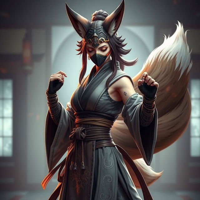 A stunning female kitsune monk, featuring exquisite fox-like traits and multiple flowing tails, standing in a dynamic martial arts pose reminiscent of Mortal Kombat