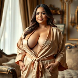 A curvy American woman with a fuller figure, elegantly draped in a luxurious robe
