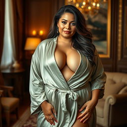 A curvy American woman with a fuller figure, elegantly draped in a luxurious robe