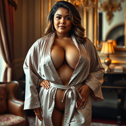 A curvy American woman with a fuller figure, elegantly draped in a luxurious robe