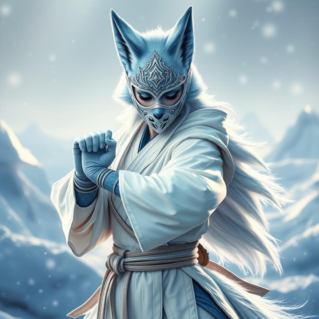 A stunning female arctic kitsune monk, characterized by her striking ice-blue fur and ethereal fox-like traits, standing in a dynamic martial arts pose reminiscent of Mortal Kombat