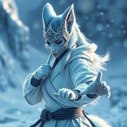 A stunning female arctic kitsune monk, characterized by her striking ice-blue fur and ethereal fox-like traits, standing in a dynamic martial arts pose reminiscent of Mortal Kombat