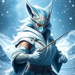 A stunning female arctic kitsune monk, characterized by her striking ice-blue fur and ethereal fox-like traits, standing in a dynamic martial arts pose reminiscent of Mortal Kombat